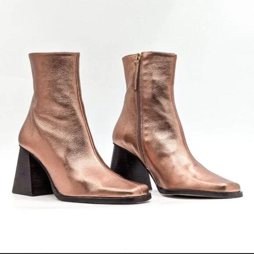Alohas Women's South Shimmer Quartz Rose Gold Leather Booties Heeled Boots NWT - Picture 2 of 8